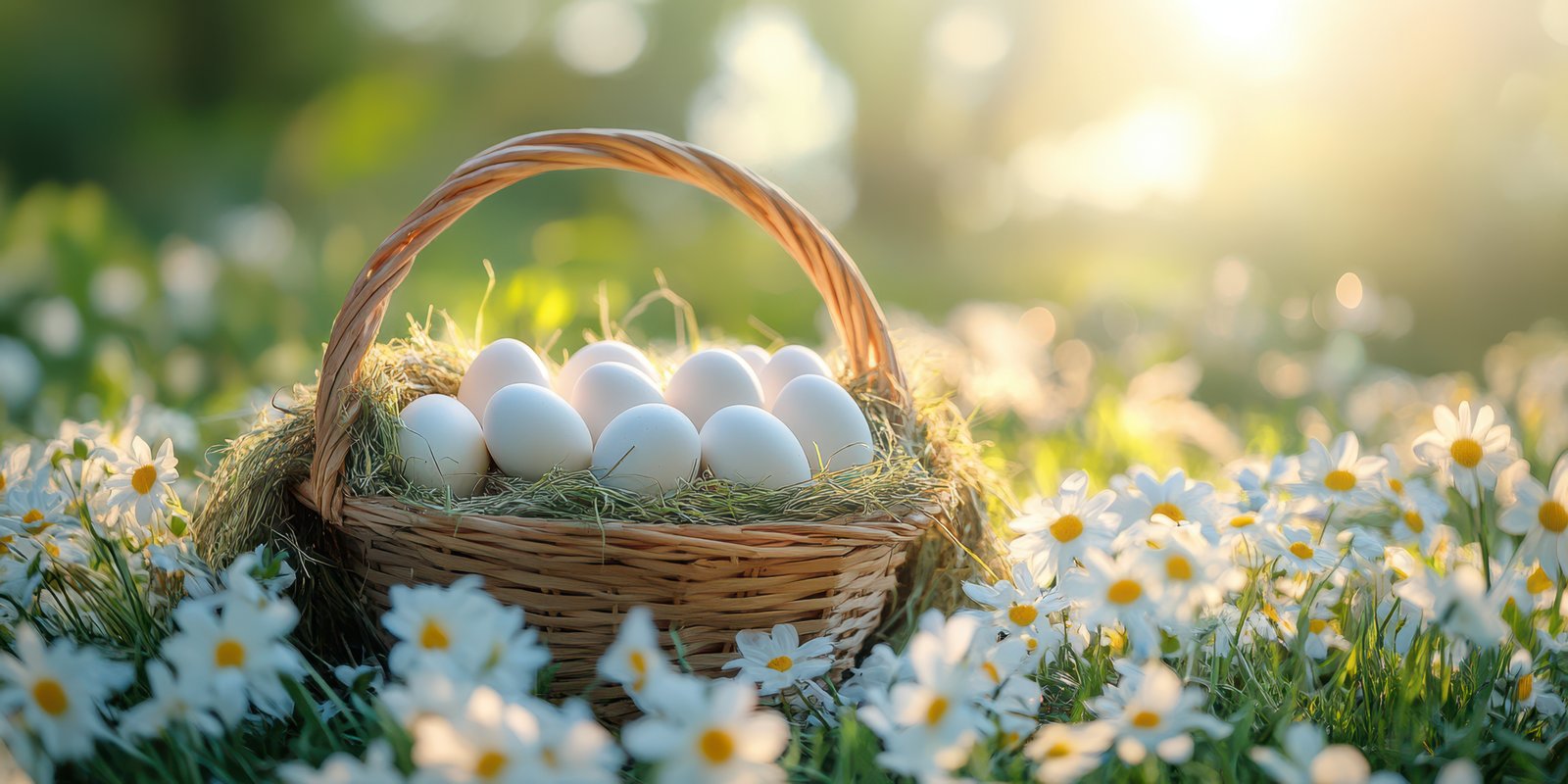 Basket filled with white eggs surrounded by blooming daisies in a sunlit meadow during spring mornings